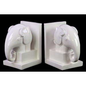 Urban Trends Ceramic Elephant Bookend on Box Stand Set of 2 Gloss, White 190563731098  372021216577
